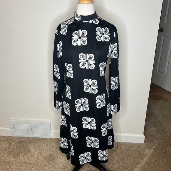 60's Vintage Mod Print Dress Morro Bay Ltd 12 Knit Black White - Picture 1 of 10